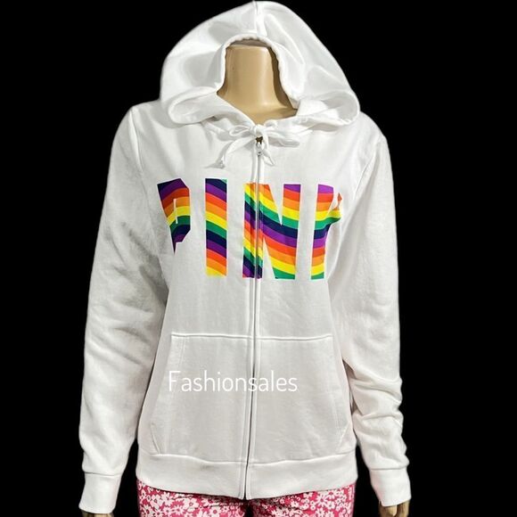 Victorias Secret Pink SET Perfect Hoodie Full Zip & Campus Pants Rainbow Logo XL - Picture 4 of 10